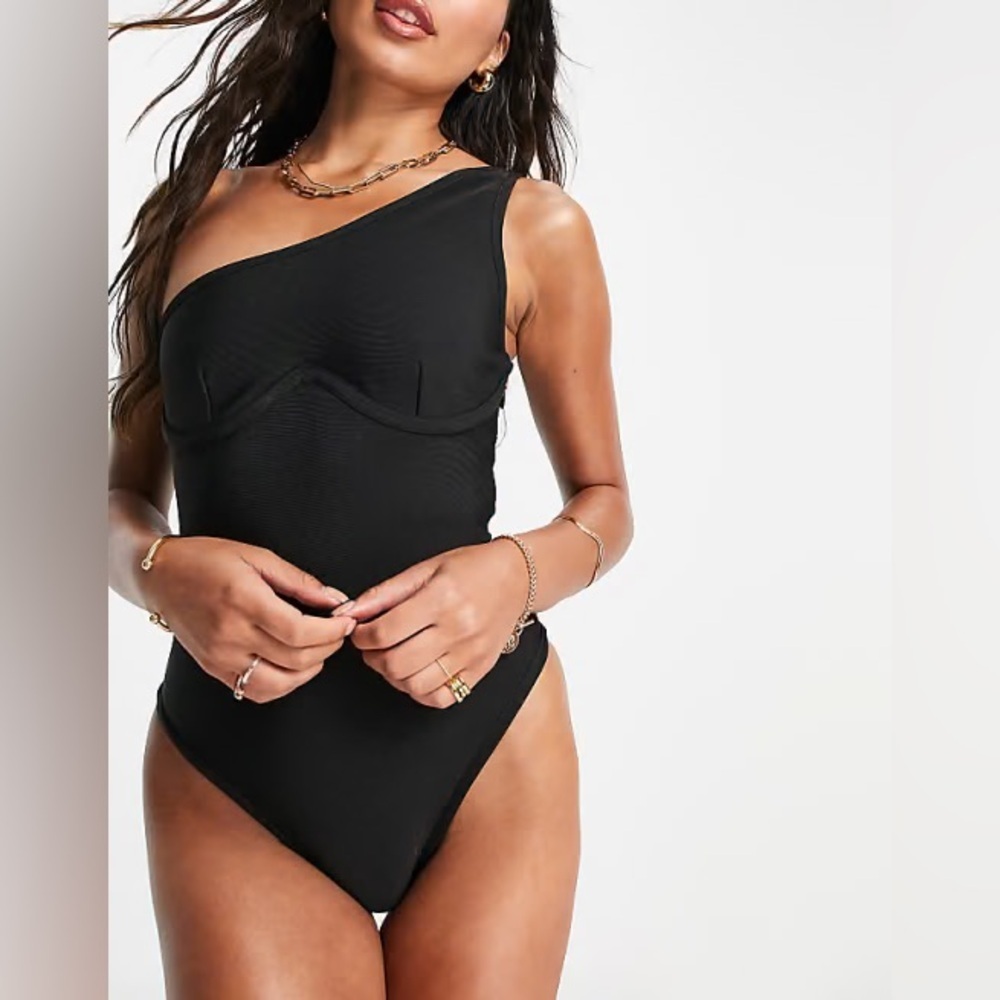 Public Desire One Shoulder Black Bodysuit with Bust Detail Size 6